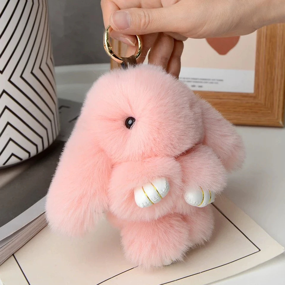 15cm rabbit fur bunny keychain bag charm soft pink