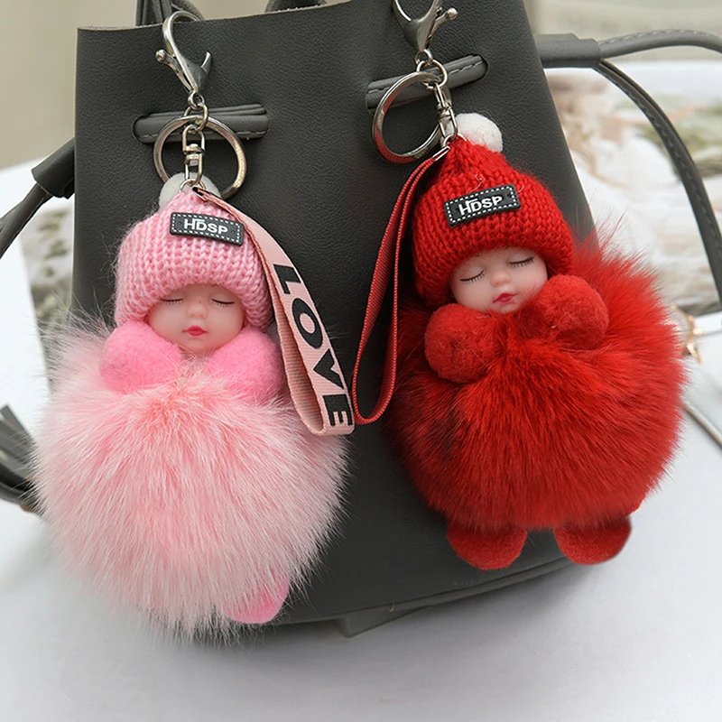 Sleeping Baby Pompom Keychain Fluffy Plush Bag Charm Sleeping Baby Pompom Keychain Fluffy Plush Bag Charm