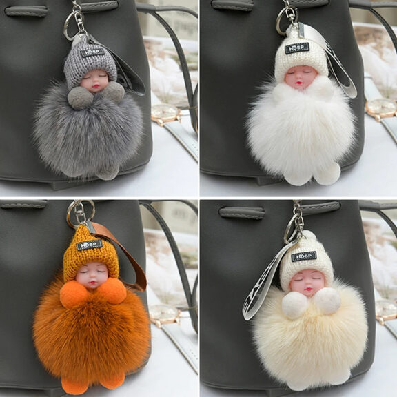 Sleeping Baby Pompom Keychain Fluffy Plush Bag Charm