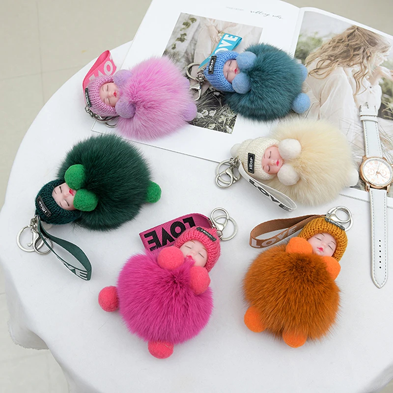 Sleeping Baby Pompom Keychain Fluffy Plush Bag Charm Sleeping Baby Pompom Keychain Fluffy Plush Bag Charm