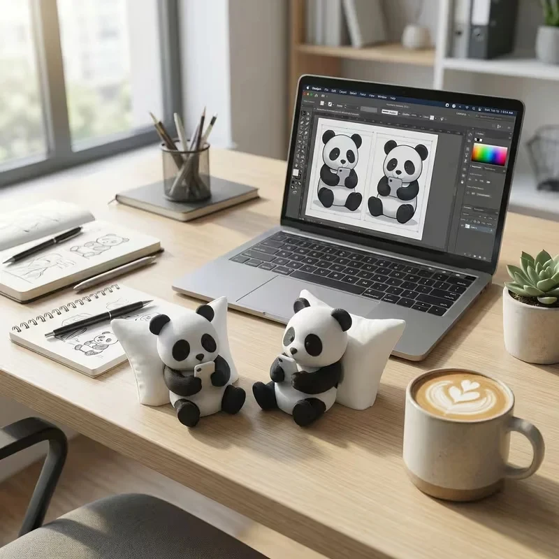 panda desk ornament on office desk with laptop