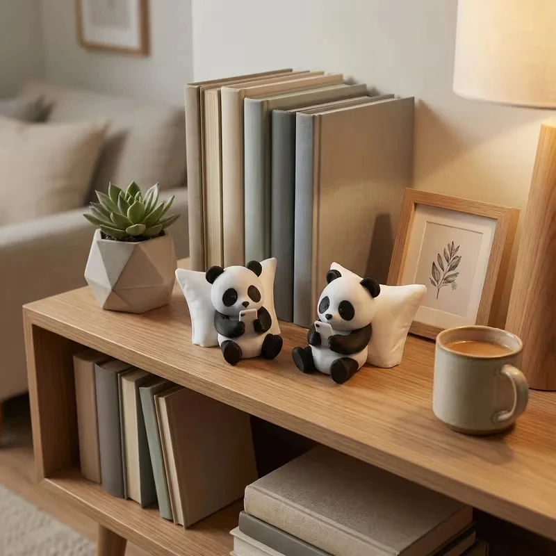 panda desk ornament on bookshelf home decor