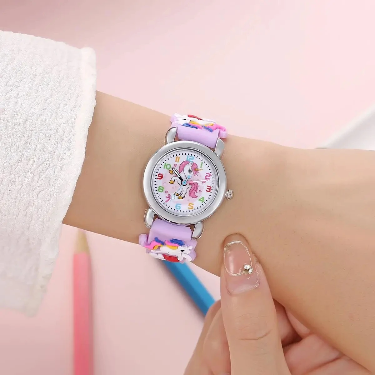 unicorn kids watch worn on a wrist